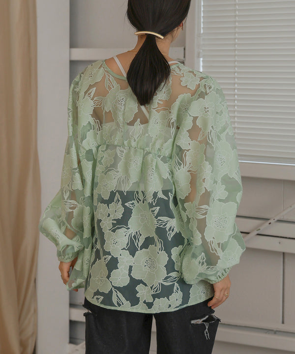 SHEER FLOWER VOLUME SLEEVE BLOUSE