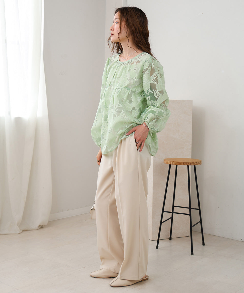 SHEER FLOWER VOLUME SLEEVE BLOUSE