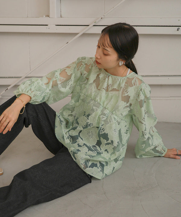 SHEER FLOWER VOLUME SLEEVE BLOUSE