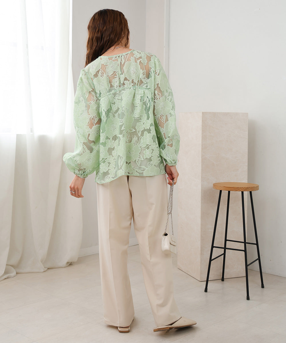 SHEER FLOWER VOLUME SLEEVE BLOUSE