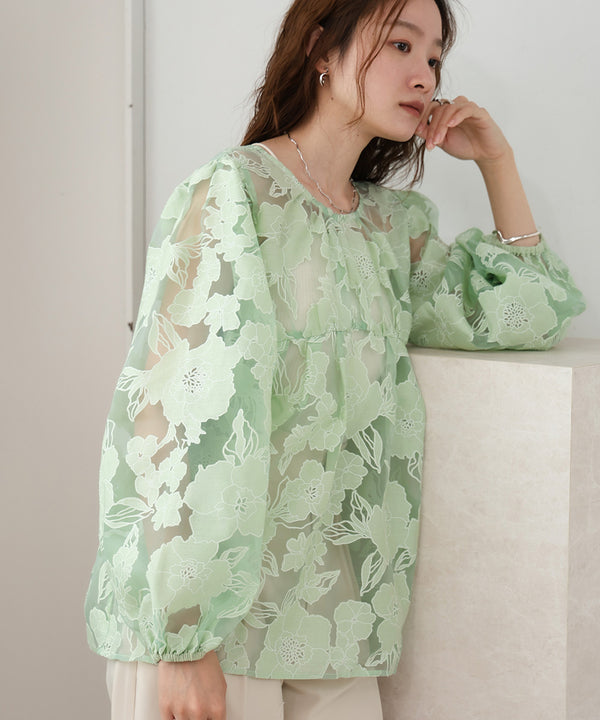 SHEER FLOWER VOLUME SLEEVE BLOUSE