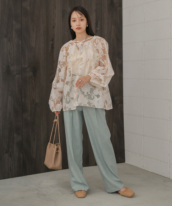 SHEER FLOWER VOLUME SLEEVE BLOUSE