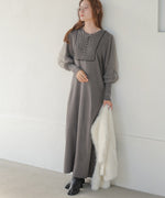 SLEEVE TULLE COLOR SCHEME LINE KNIT ONEPIECE