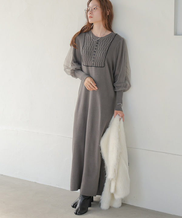SLEEVE TULLE COLOR SCHEME LINE KNIT ONEPIECE