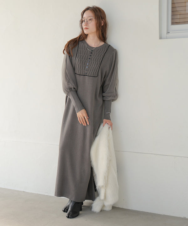 SLEEVE TULLE COLOR SCHEME LINE KNIT ONEPIECE