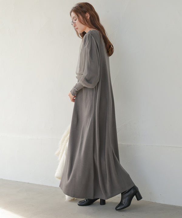 SLEEVE TULLE COLOR SCHEME LINE KNIT ONEPIECE