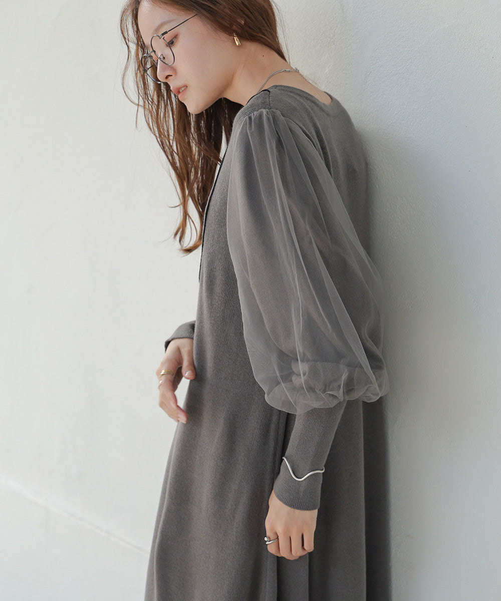 SLEEVE TULLE COLOR SCHEME LINE KNIT ONEPIECE