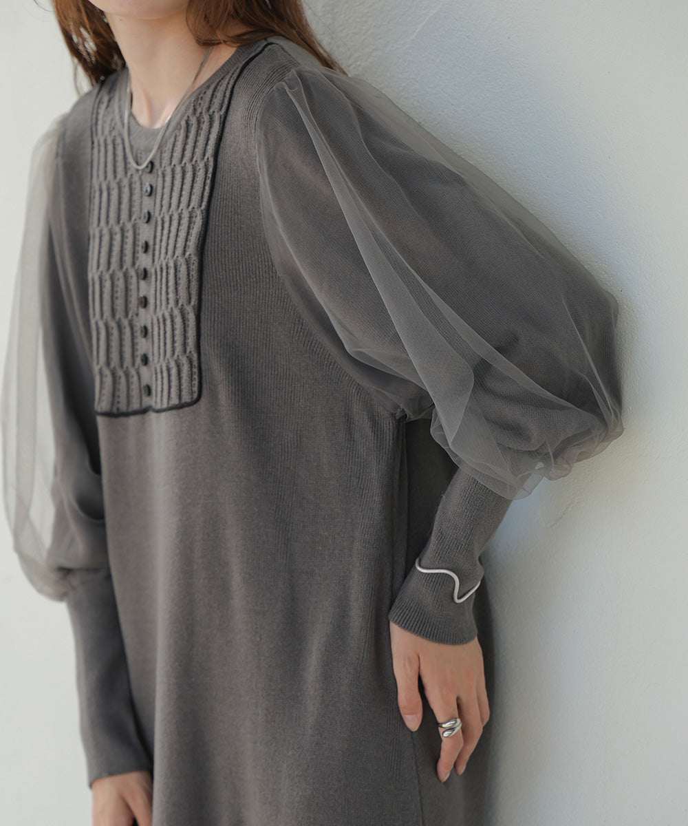 SLEEVE TULLE COLOR SCHEME LINE KNIT ONEPIECE