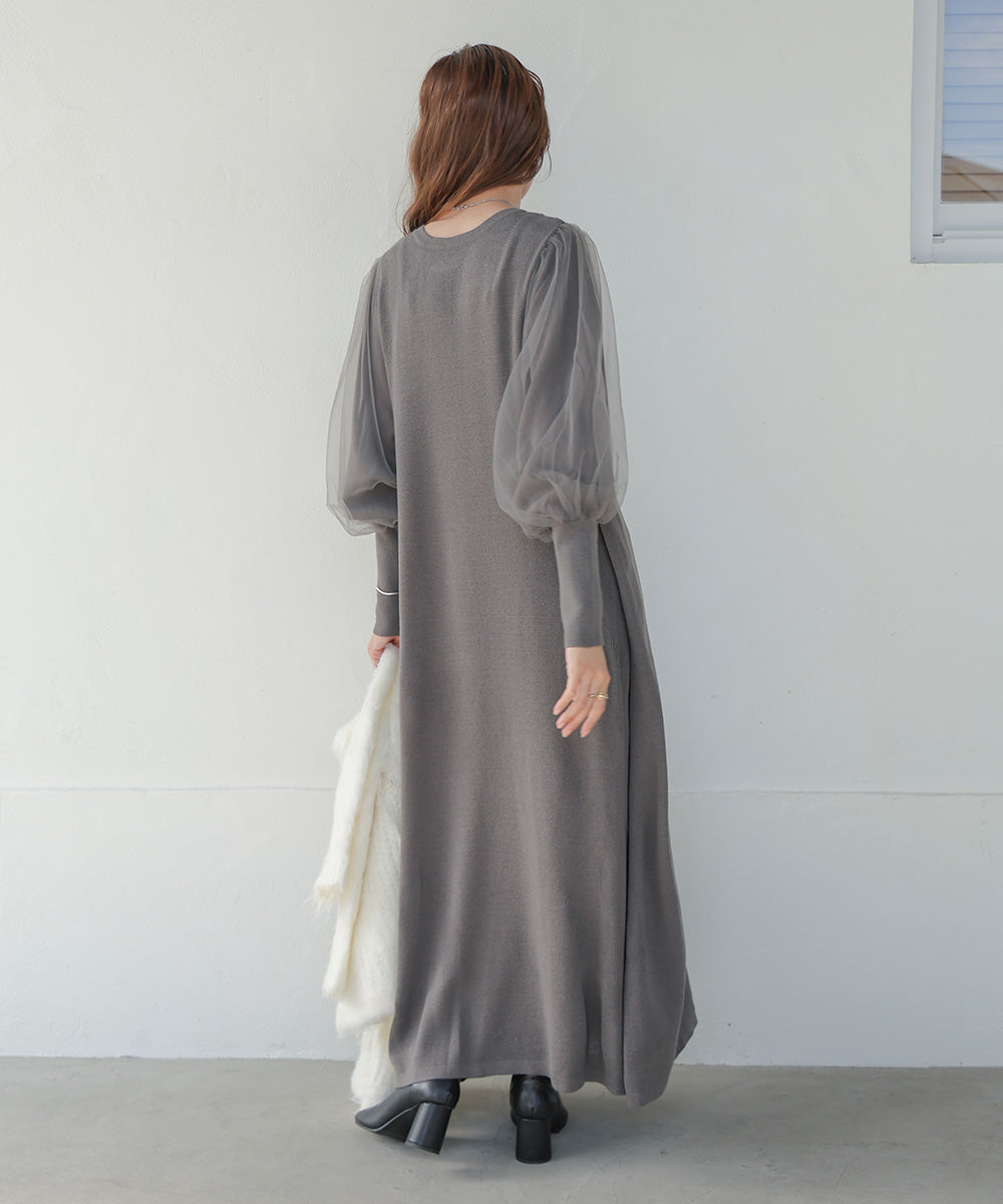 SLEEVE TULLE COLOR SCHEME LINE KNIT ONEPIECE