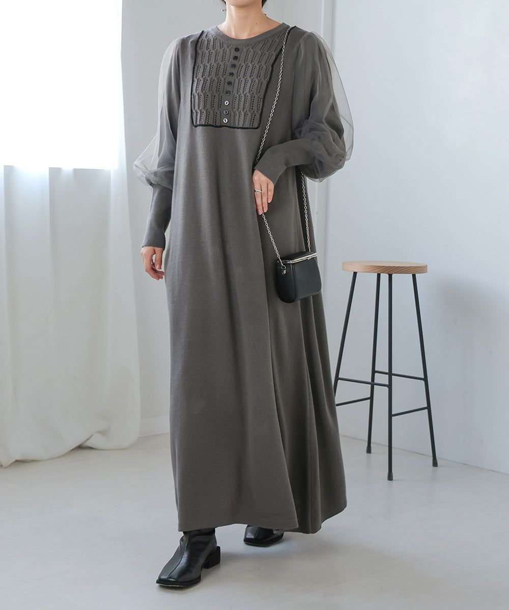 SLEEVE TULLE COLOR SCHEME LINE KNIT ONEPIECE