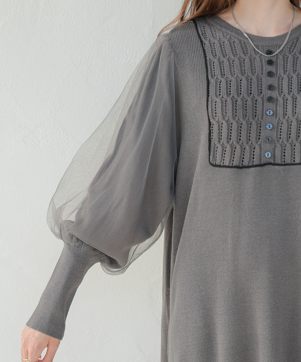SLEEVE TULLE COLOR SCHEME LINE KNIT ONEPIECE