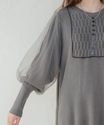 SLEEVE TULLE COLOR SCHEME LINE KNIT ONEPIECE