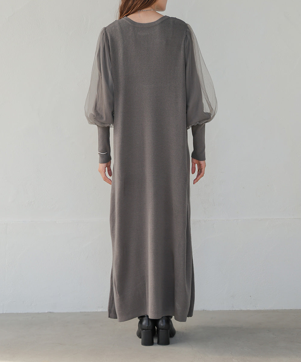 SLEEVE TULLE COLOR SCHEME LINE KNIT ONEPIECE