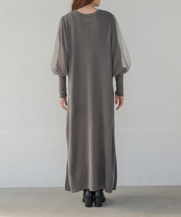 SLEEVE TULLE COLOR SCHEME LINE KNIT ONEPIECE