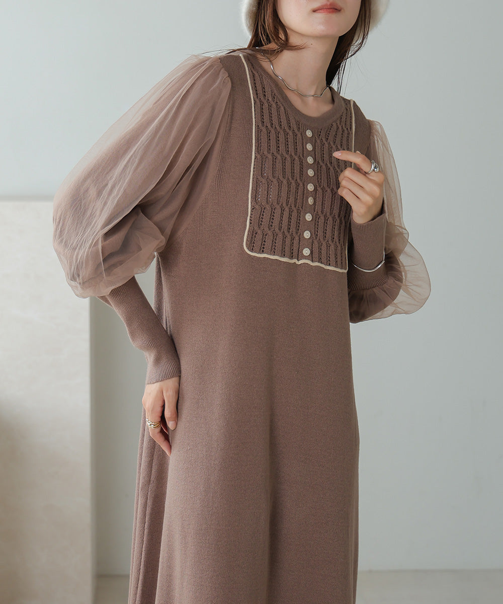 SLEEVE TULLE COLOR SCHEME LINE KNIT ONEPIECE