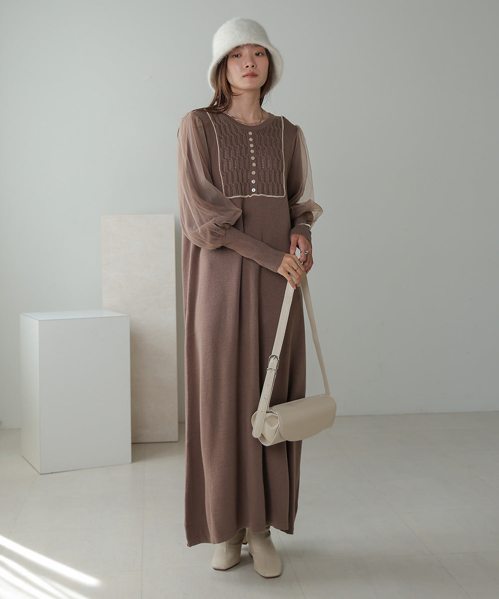 SLEEVE TULLE COLOR SCHEME LINE KNIT ONEPIECE