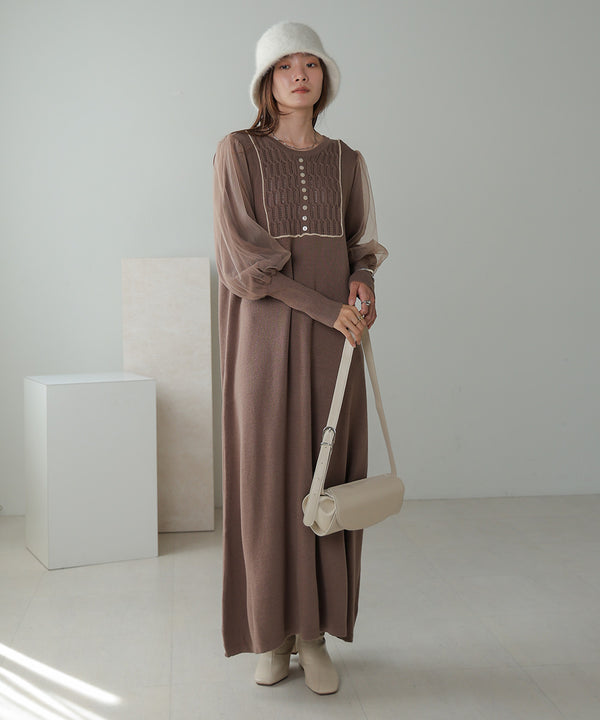 SLEEVE TULLE COLOR SCHEME LINE KNIT ONEPIECE