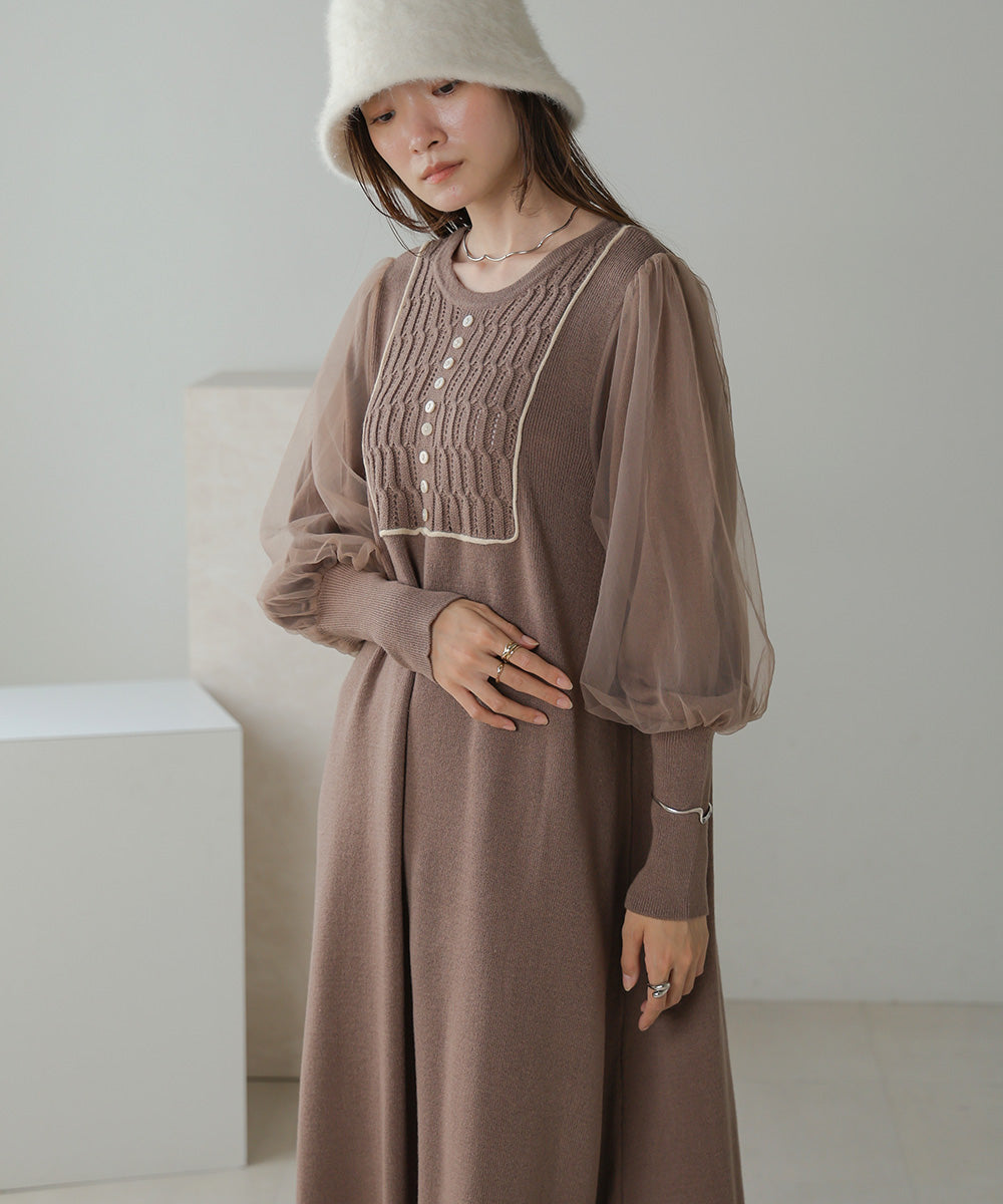 SLEEVE TULLE COLOR SCHEME LINE KNIT ONEPIECE