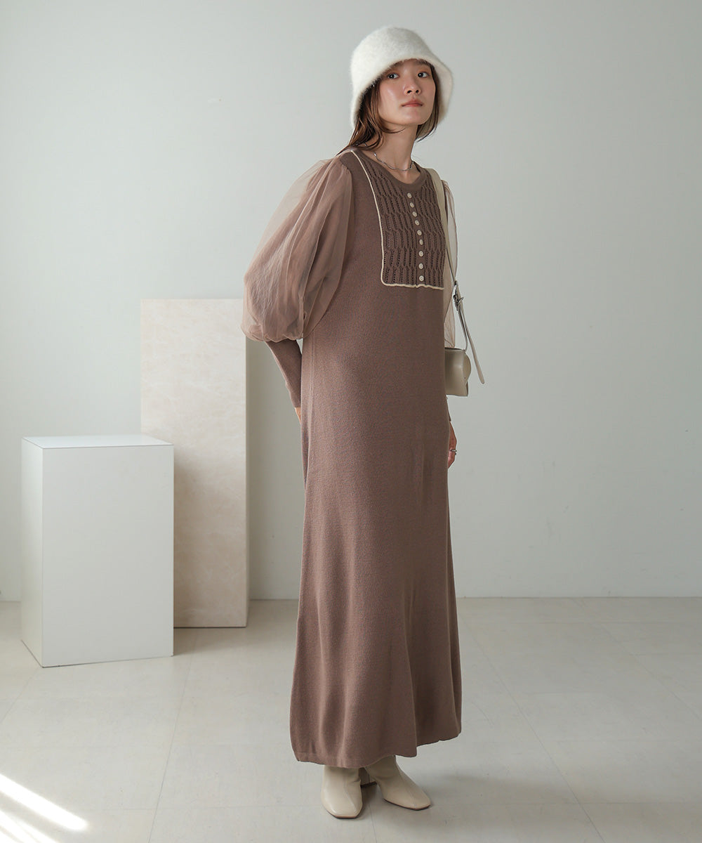 SLEEVE TULLE COLOR SCHEME LINE KNIT ONEPIECE