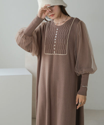 SLEEVE TULLE COLOR SCHEME LINE KNIT ONEPIECE