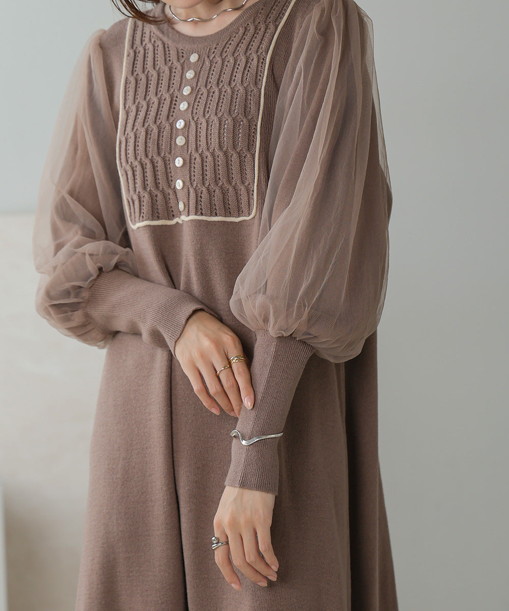 SLEEVE TULLE COLOR SCHEME LINE KNIT ONEPIECE
