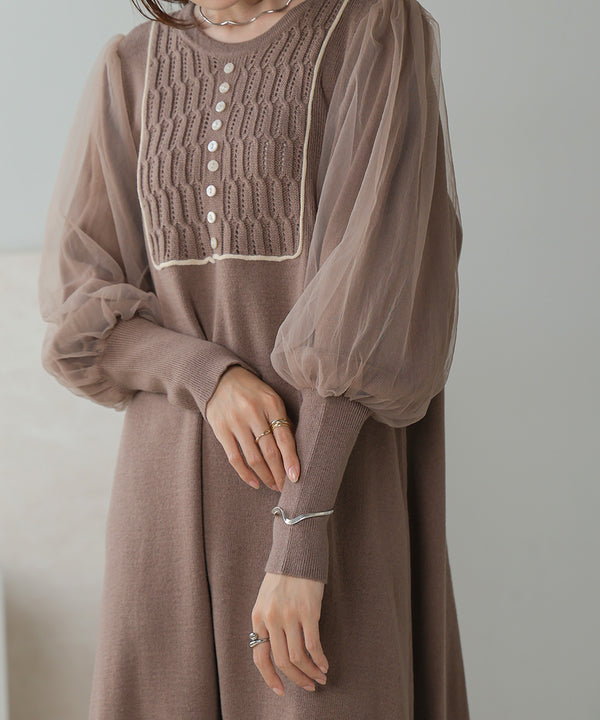 SLEEVE TULLE COLOR SCHEME LINE KNIT ONEPIECE