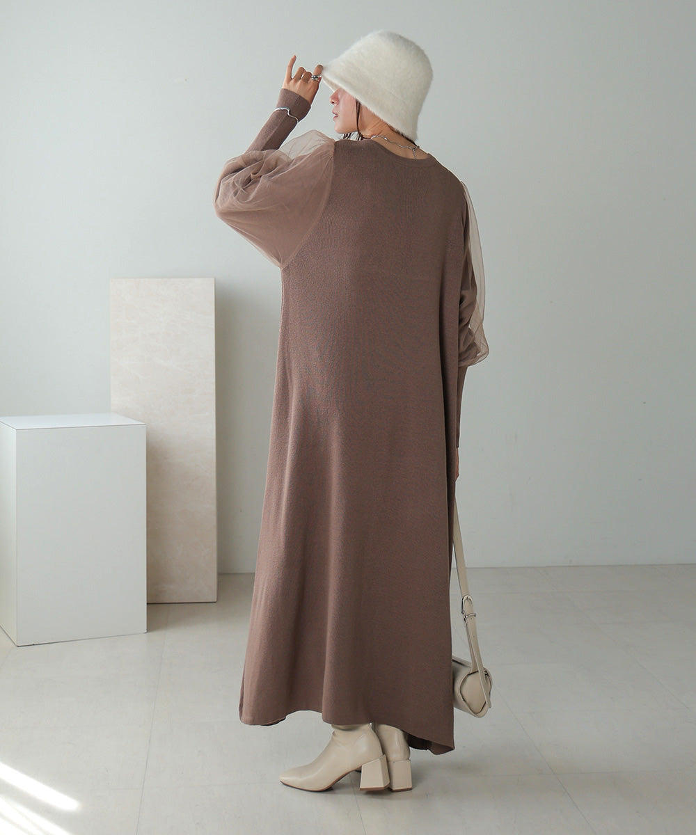 SLEEVE TULLE COLOR SCHEME LINE KNIT ONEPIECE
