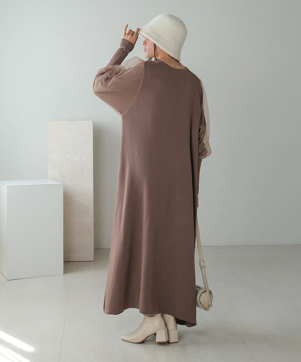 SLEEVE TULLE COLOR SCHEME LINE KNIT ONEPIECE