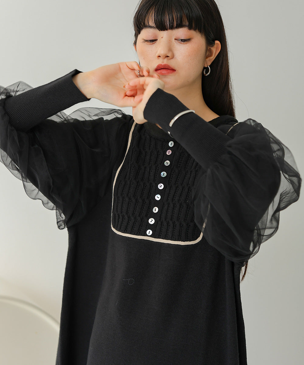 SLEEVE TULLE COLOR SCHEME LINE KNIT ONEPIECE