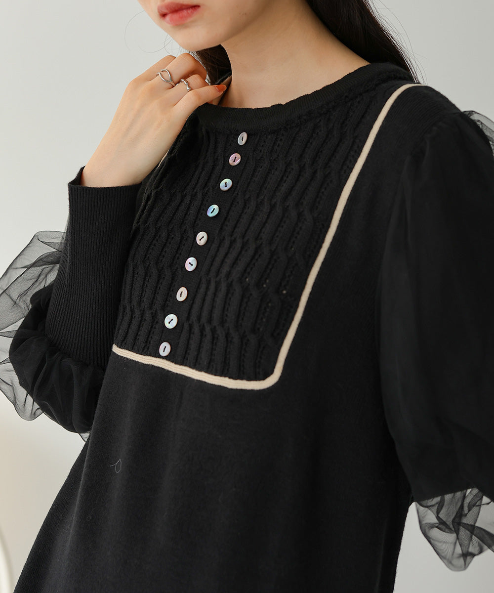 SLEEVE TULLE COLOR SCHEME LINE KNIT ONEPIECE