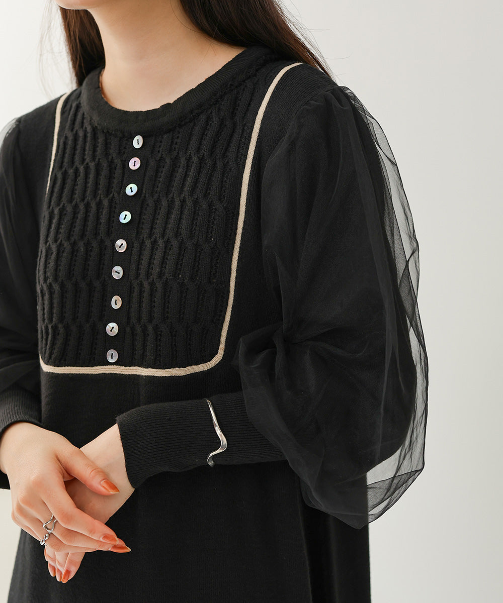 SLEEVE TULLE COLOR SCHEME LINE KNIT ONEPIECE