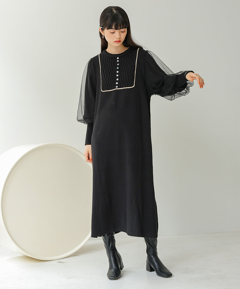 SLEEVE TULLE COLOR SCHEME LINE KNIT ONEPIECE