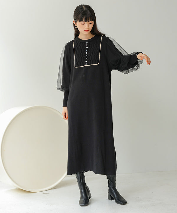 SLEEVE TULLE COLOR SCHEME LINE KNIT ONEPIECE