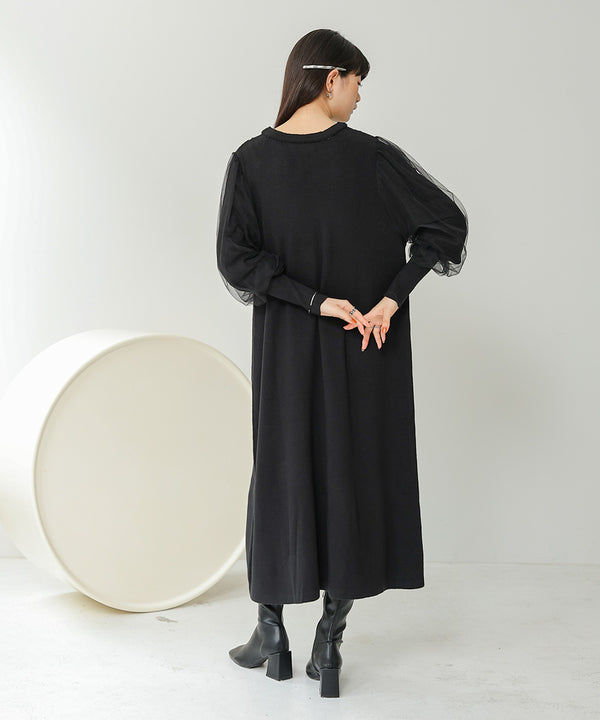 SLEEVE TULLE COLOR SCHEME LINE KNIT ONEPIECE