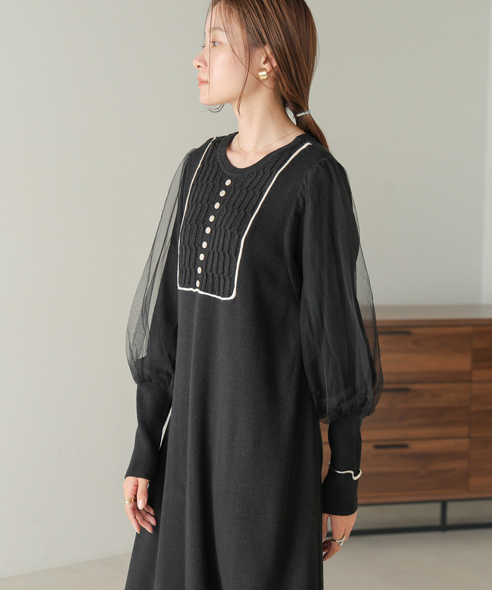 SLEEVE TULLE COLOR SCHEME LINE KNIT ONEPIECE