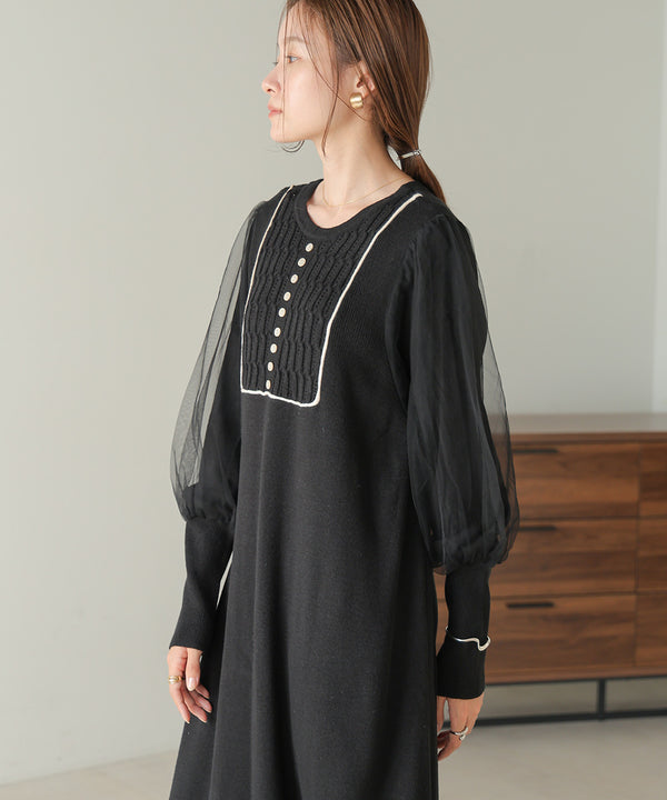 SLEEVE TULLE COLOR SCHEME LINE KNIT ONEPIECE
