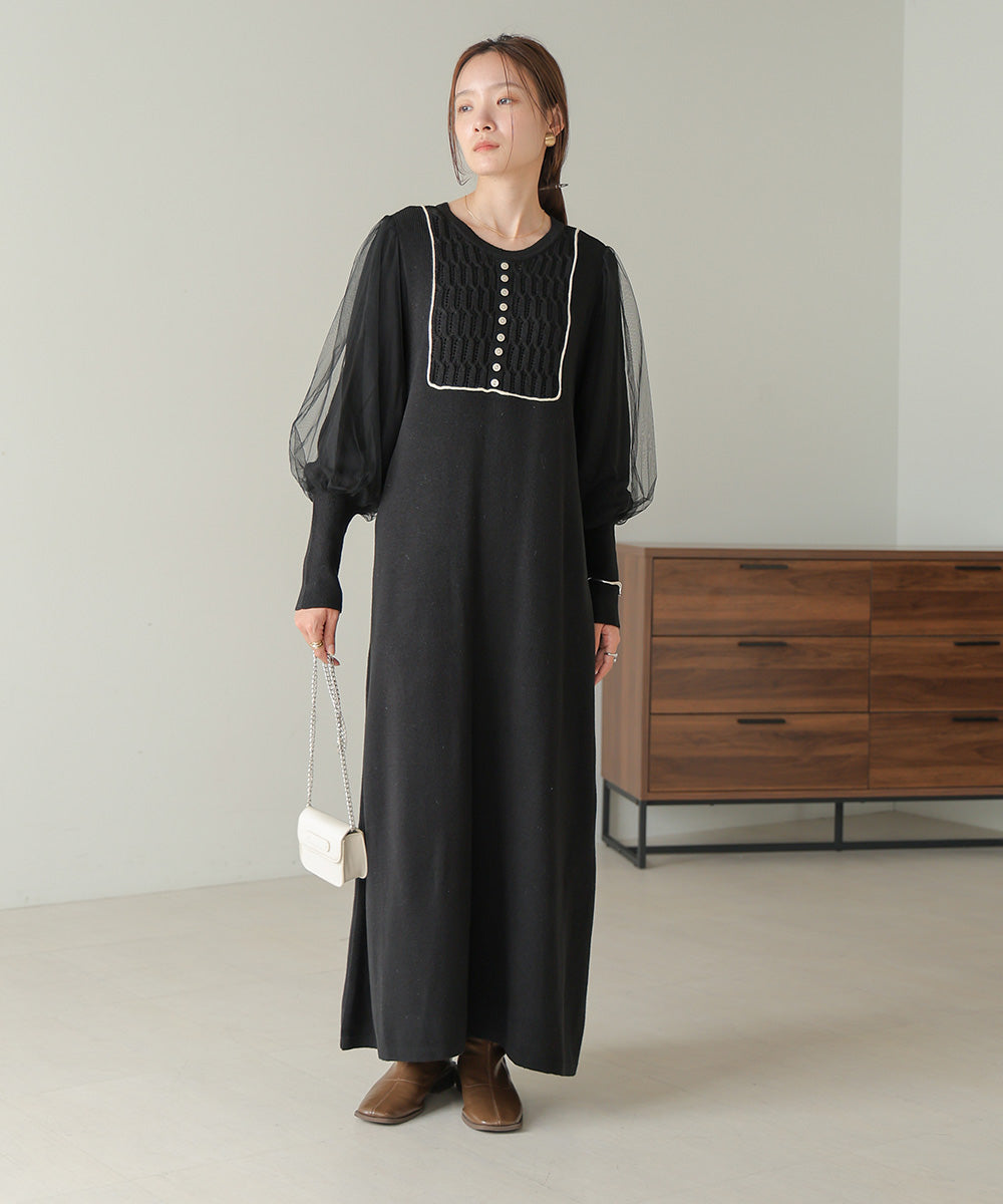 SLEEVE TULLE COLOR SCHEME LINE KNIT ONEPIECE