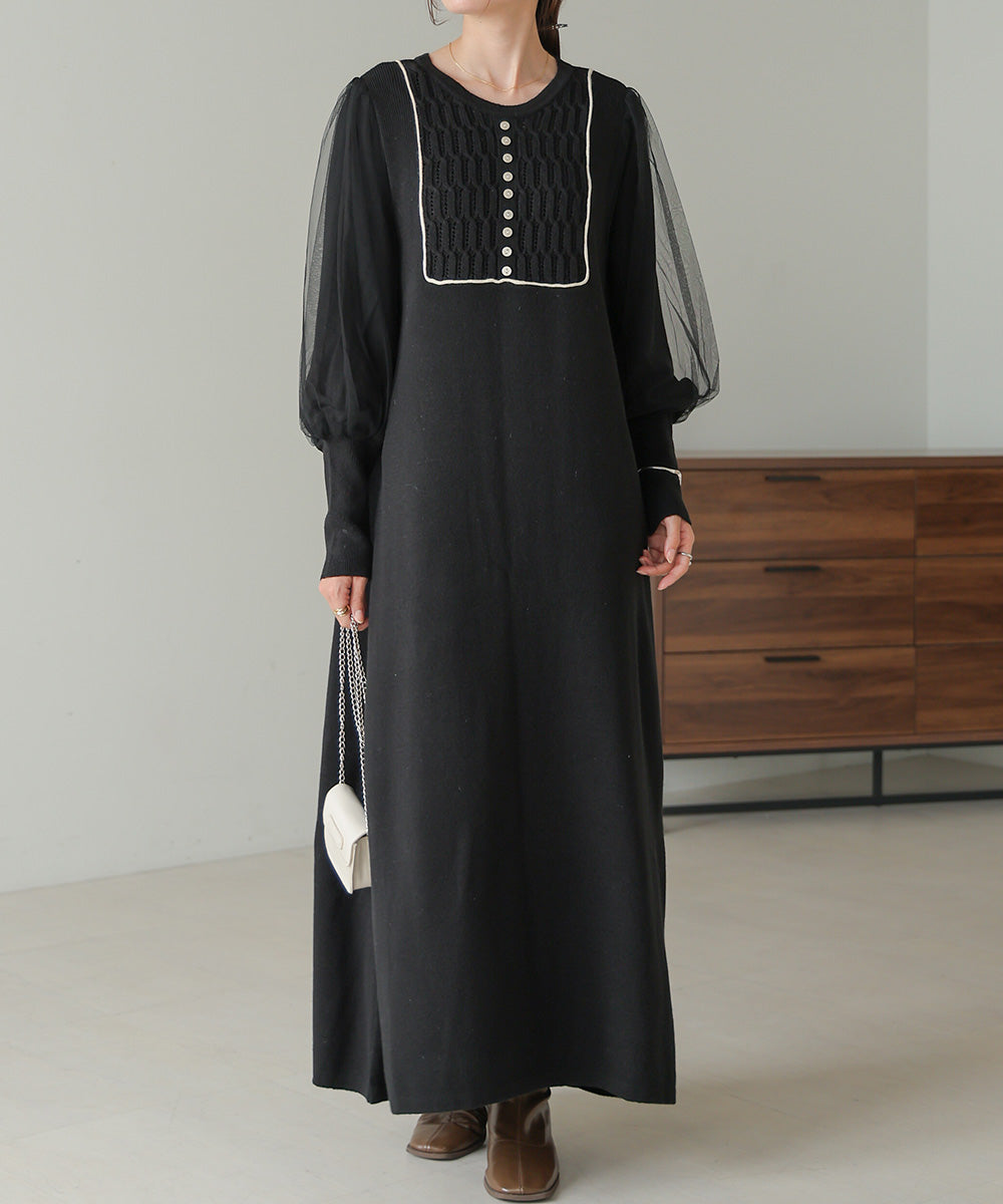 SLEEVE TULLE COLOR SCHEME LINE KNIT ONEPIECE