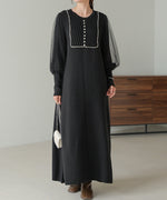 SLEEVE TULLE COLOR SCHEME LINE KNIT ONEPIECE