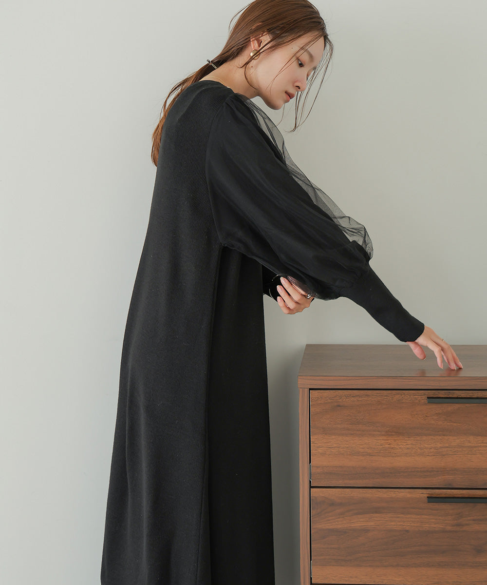 SLEEVE TULLE COLOR SCHEME LINE KNIT ONEPIECE