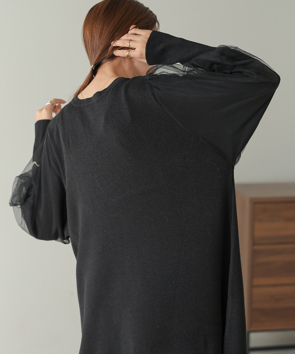 SLEEVE TULLE COLOR SCHEME LINE KNIT ONEPIECE