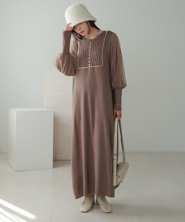 SLEEVE TULLE COLOR SCHEME LINE KNIT ONEPIECE