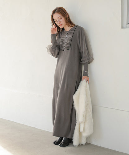SLEEVE TULLE COLOR SCHEME LINE KNIT ONEPIECE