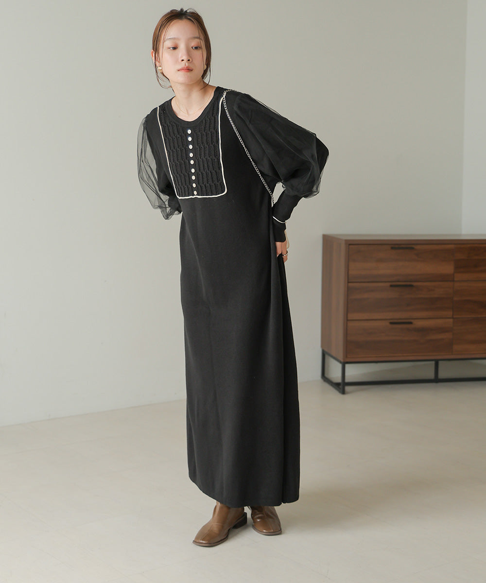 SLEEVE TULLE COLOR SCHEME LINE KNIT ONEPIECE