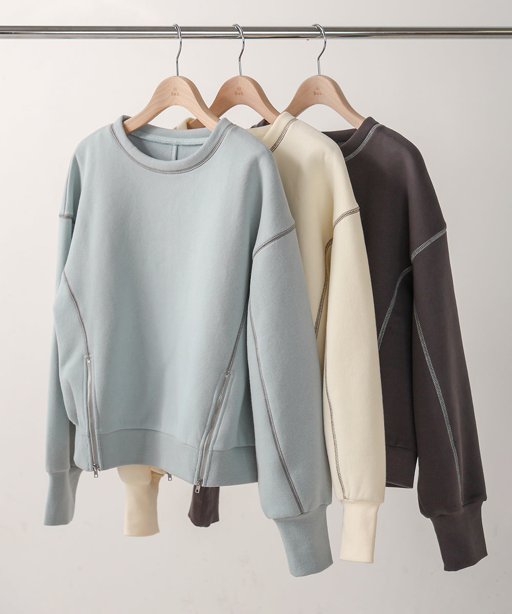 DOUBLE ZIP COLOR STITCHING BRUSHED LINING SWEAT