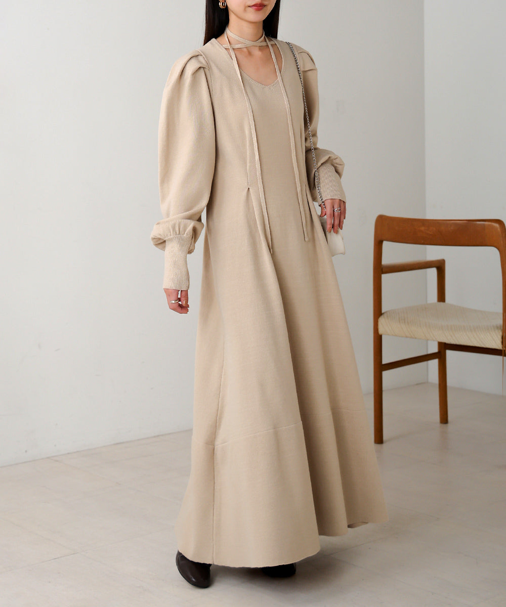 WAIST TUCK FLARE LINE KNIT ONEPIECE