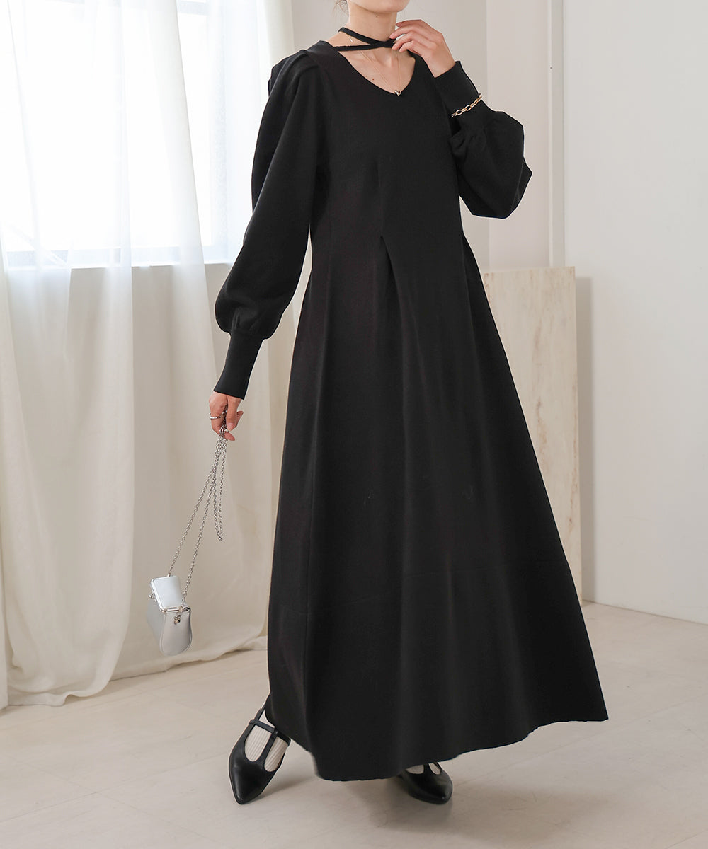 WAIST TUCK FLARE LINE KNIT ONEPIECE