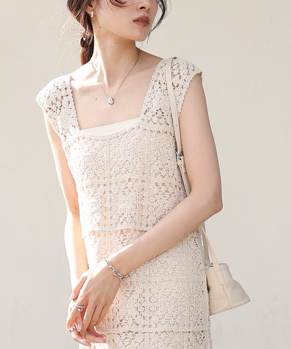 【XS~M 低身長向けサイズあり】クロシェロングワンピース