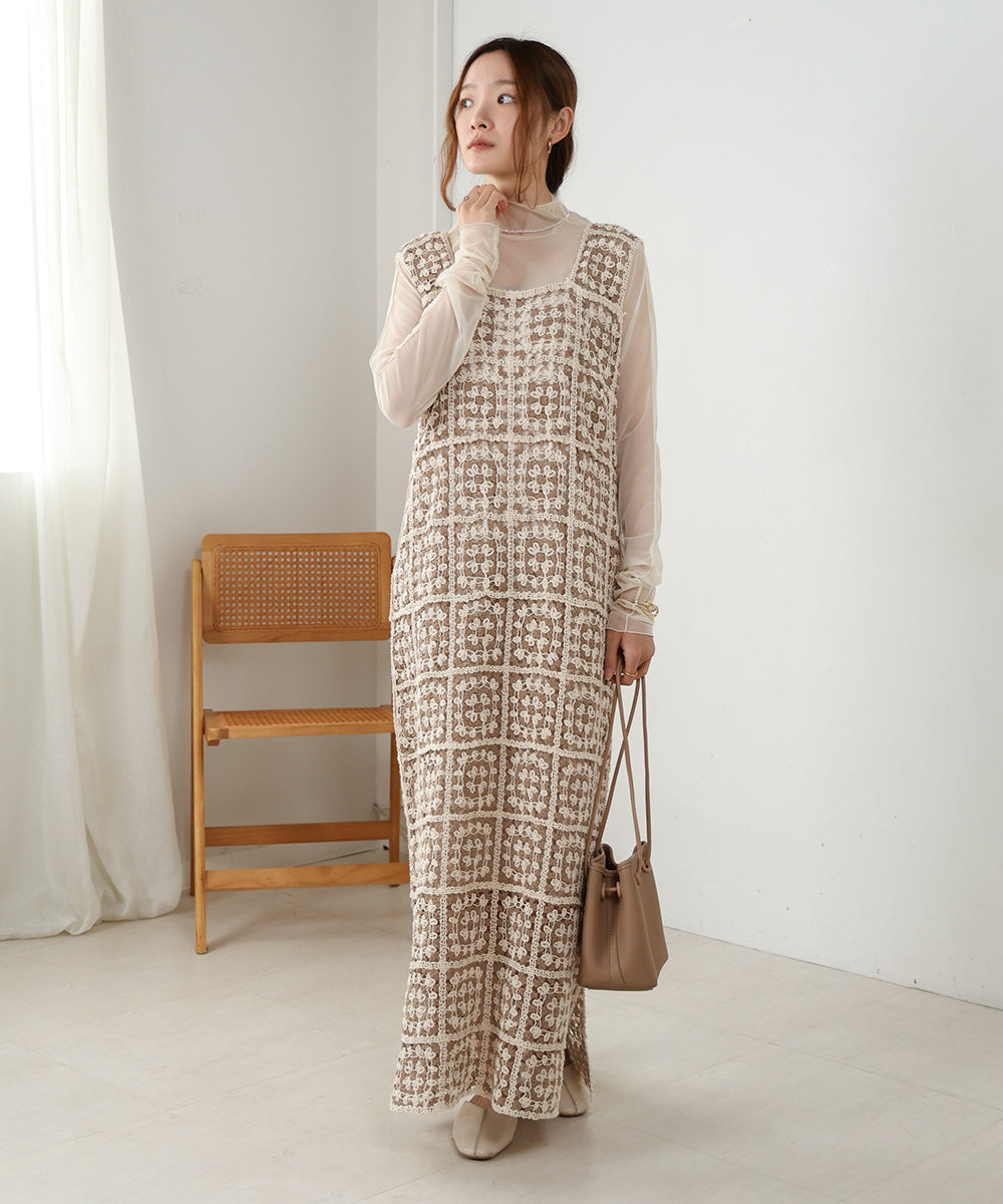 【XS~M 低身長向けサイズあり】クロシェロングワンピース