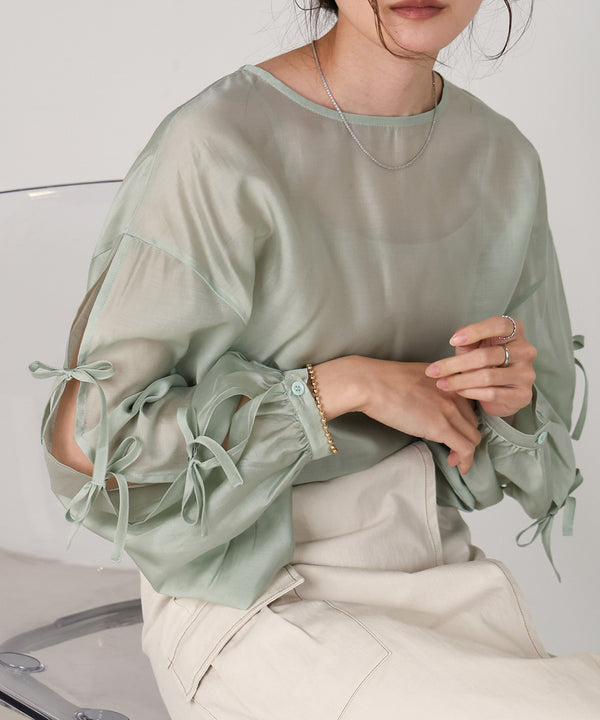 SLEEVE RIBBON SHEER BLOUSE